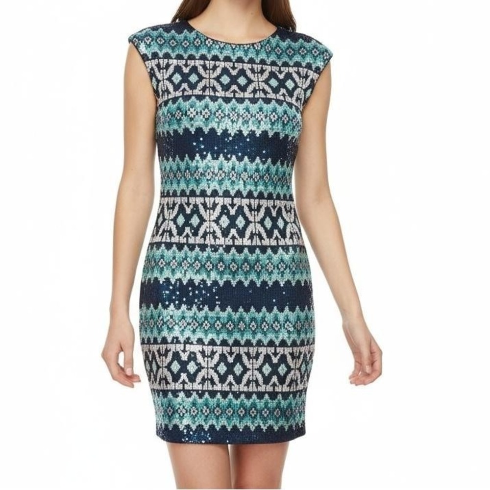 As U Wish Sequin Sheath Dress Juniors M Blue Nordic Fair Isle Cap Sleeve Festive